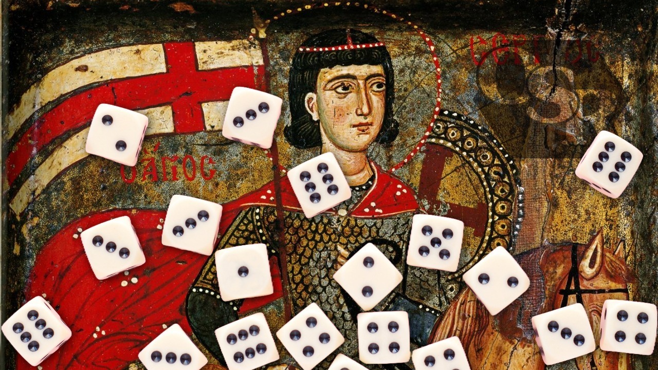 Image of a medieval crusader behind a cascade of dice.