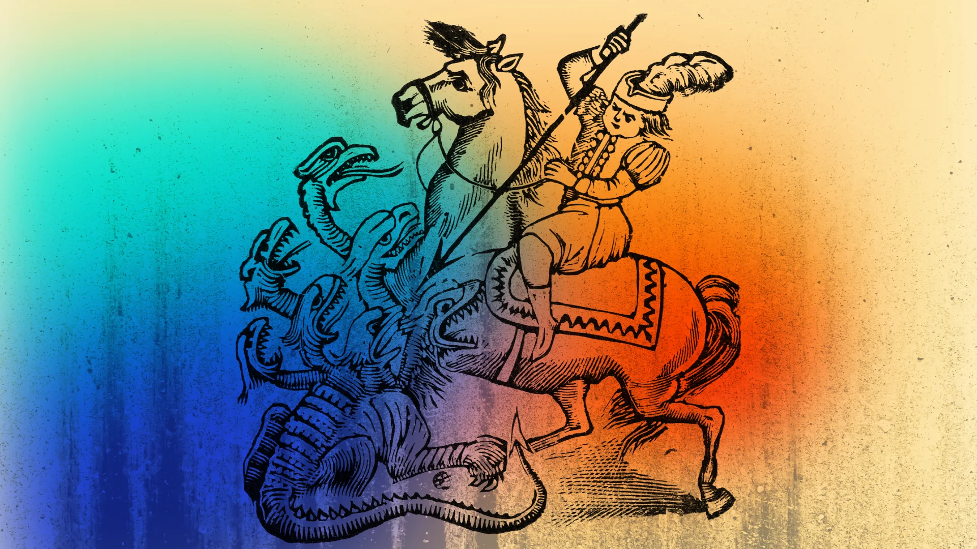 A man on horseback stabbing a monster with a lance, illustration from 'The King and His Three Sons', Jos&eacute; Guadalupe Posada